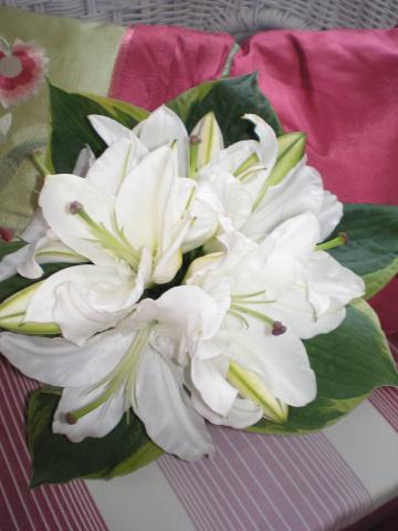 Brompton Floral Designs Wedding Flowers Central London UK NW4 White Oriental Lilies and Hosta Leaves.