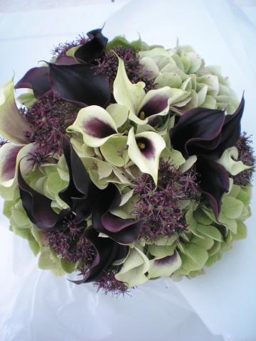 Brompton Floral Designs Wedding Flowers Central London UK NW4 Cream and Purple Calla Lilies, Green Hydrangea and Purple Alliums. 